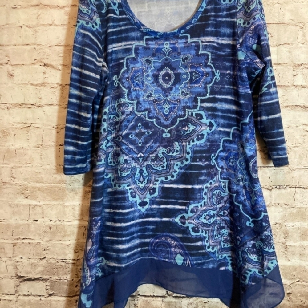 French Bazaar Tunic Top Womens XL Blue Flowy Studded Beads Asymmetric Hem